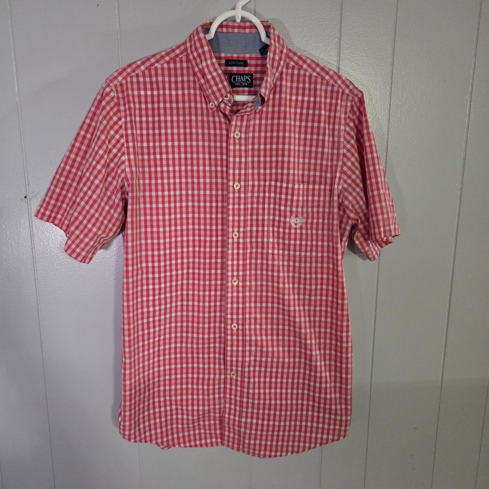 Chaps Mens Short Sleeve Button Down Shirt Red White Gingham Easy Care Size S‎